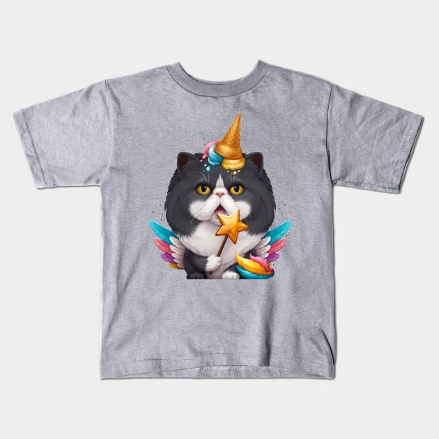 Black & White Persian Cat Ice Cream Unicorn Kids T-Shirt by stonemask